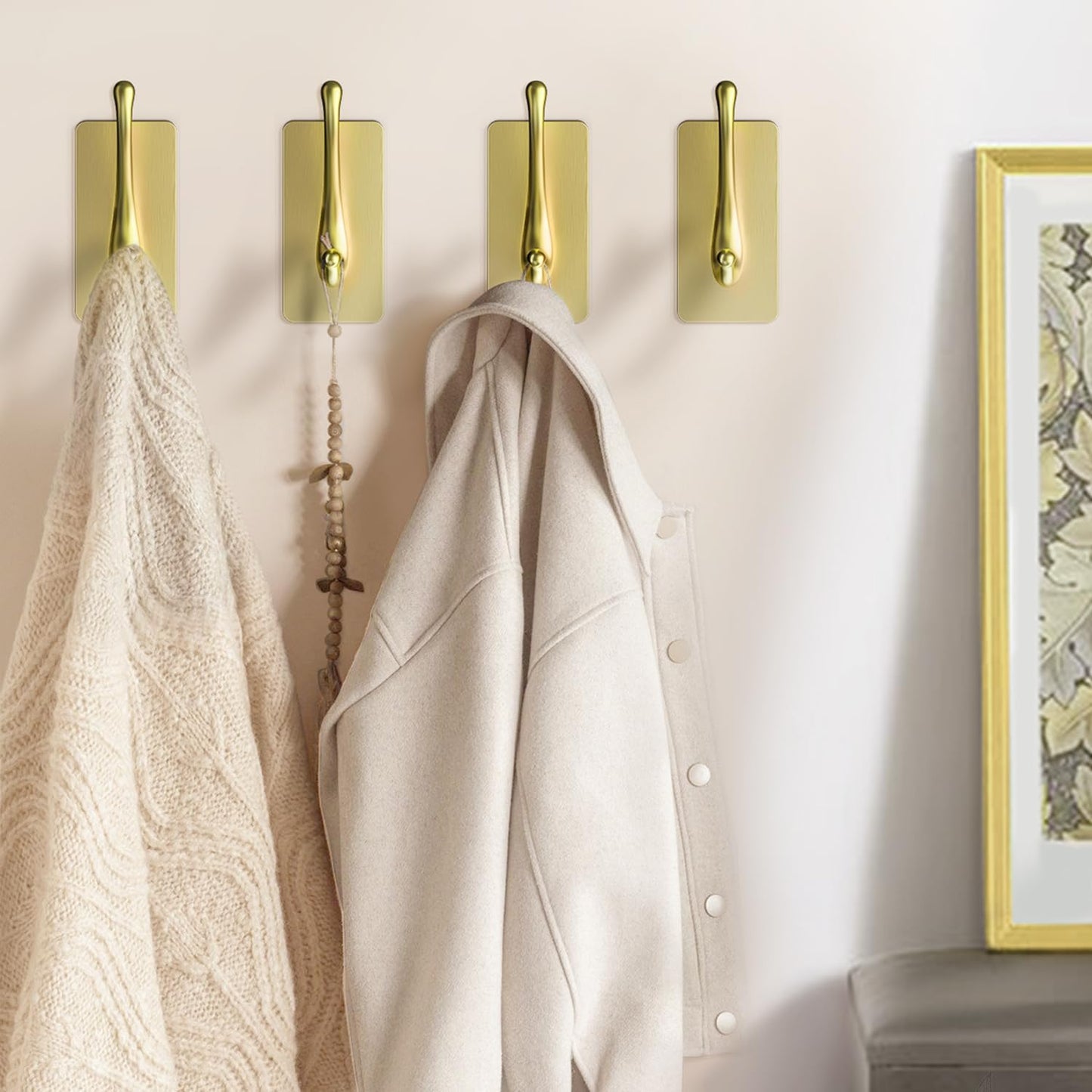 Towel Hooks, Solid Alloy Adhesive Wall Hooks for Hanging, Towel Hooks for Bathroom, RV, Kitchen, Closets, etc (Gold, 2 Pack)