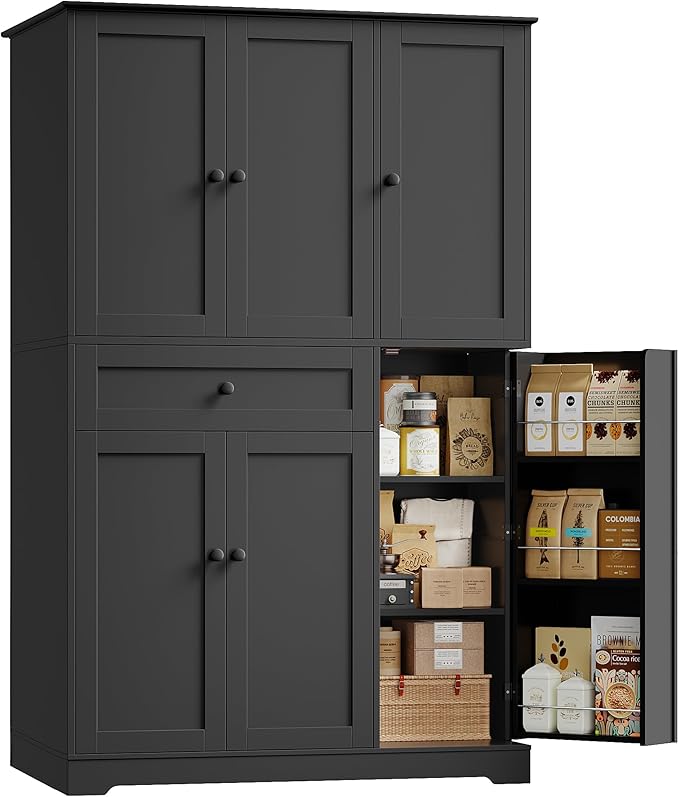 HOSTACK 68" Tall Kitchen Pantry Storage Cabinet, Modern Kitchen Hutch Cabinet with Doors and Shelves, Freestanding Food Pantry with Large Storage Drawer for Dining Room, Living Room, Black