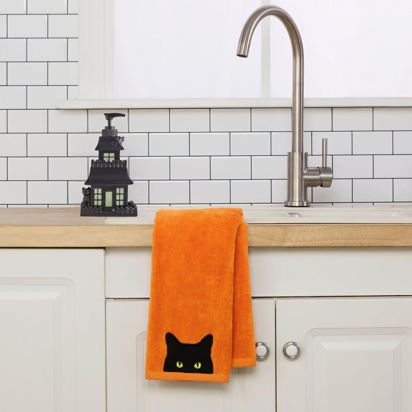SKL Home Halloween Shadows Eyes 100% Cotton Embroidered 2pc Hand Towel Set, Decorative for Bath/Kitchen/Bar & Gift, Orange