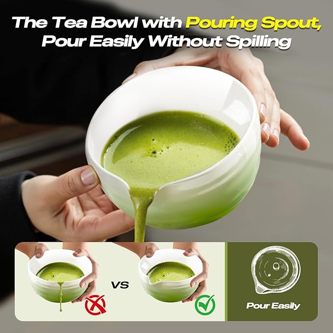 Matcha Whisk Set - 8 Pcs Tea Set with Bamboo Whisk and Holder, Ceramic Bowl, Bamboo Scoop and Spoon,Scoop Rest, Sifter & Tea Towel, Japanese Home Matcha Kit for Authentic Ceremony (Green)