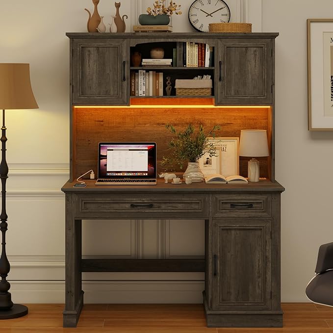 Farmhouse 47" Executive Desk with Hutch, 2 Drawers and LED Light, Computer Desk with Storage Cabinet and Charging Station,Workstation for Home Office and Study.Grey