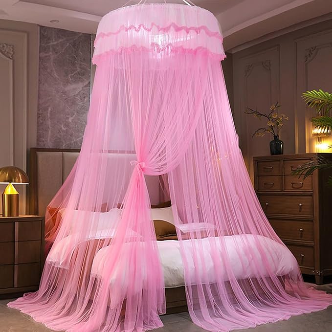 Kertnic Mosquito Net Bed Canopy for Girls, Princess Canopy Bed Curtain Fine Sheer Mesh Dome Bed Canopies, Kids & Adults Lace Tent for Twin Full Queen King Bed (Pink)