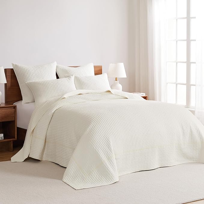 Levtex Home Cross Stitch Reversible Twin Bedspread Set (84x104in) with 1 Pillow Sham (26x20in) - Stitch Texture - Cream - Cotton Twin Size Bedspread Set - Lightweight, Soft, Pre-Washed