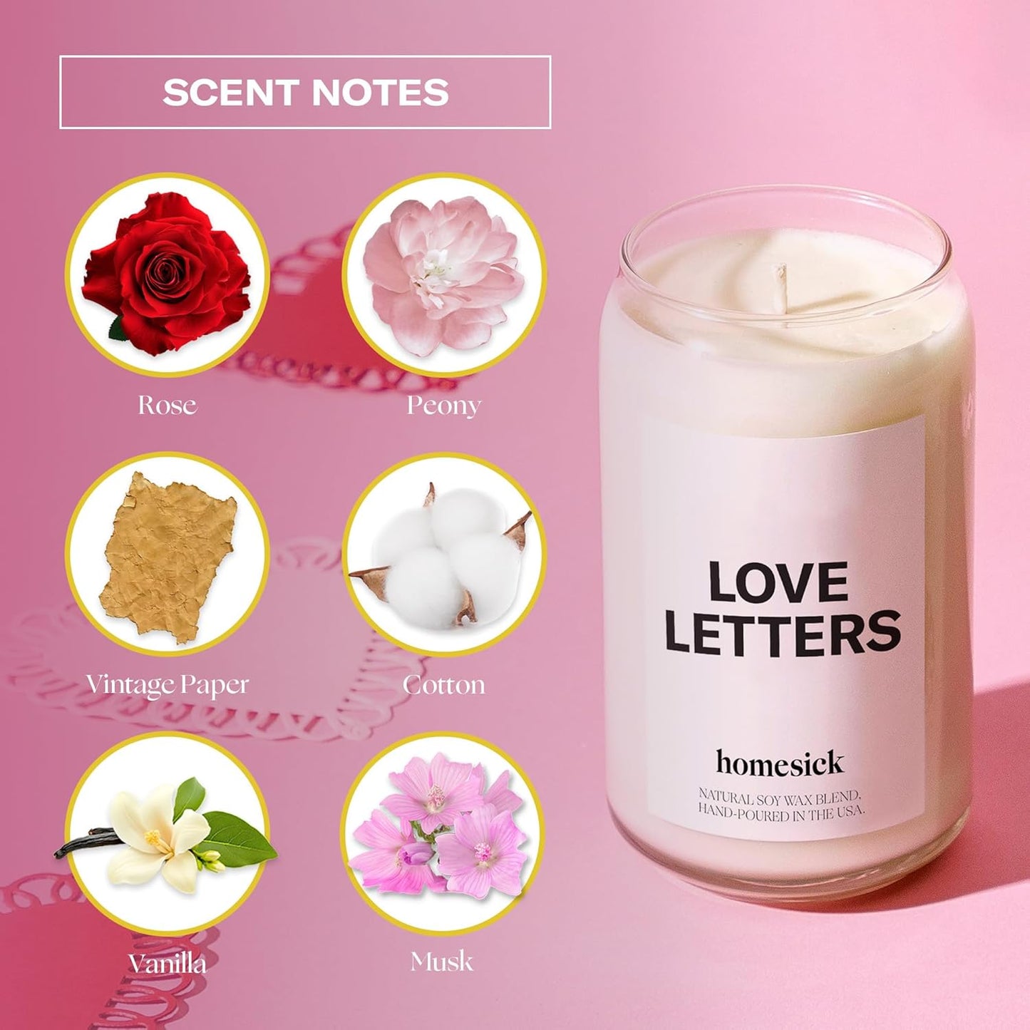 Homesick Scented Candles for Home (Love Letters) - 13.75 oz Natural Long-Lasting Soy Wax Blend Jar Candle Gifts for Women & Men, 60-80 Hours Burn Time - Notes of Rose, Jasmine & Peony