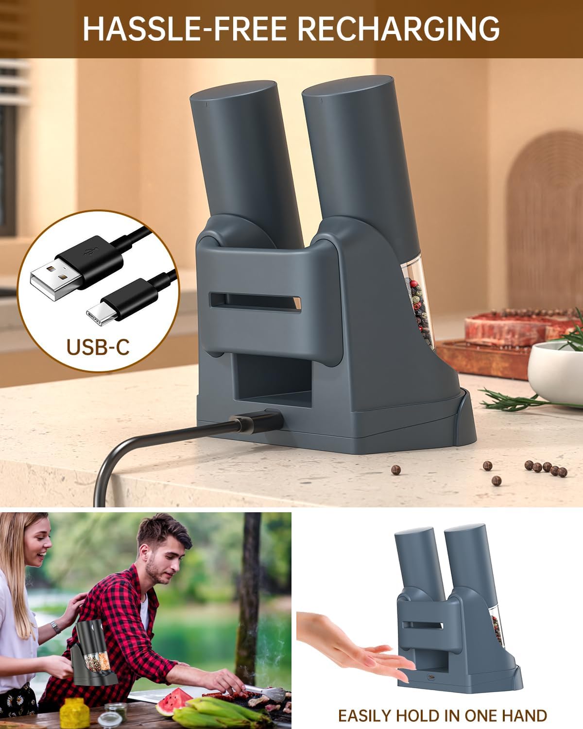 CIRCLE JOY Electric Salt and Pepper Grinder Set Automatic Salt and Pepper Grinder Set with Easy-to-Carry Charging Base and LED Light, Adjustable Coarseness, USB Rechargeable, Washable Container, Blue