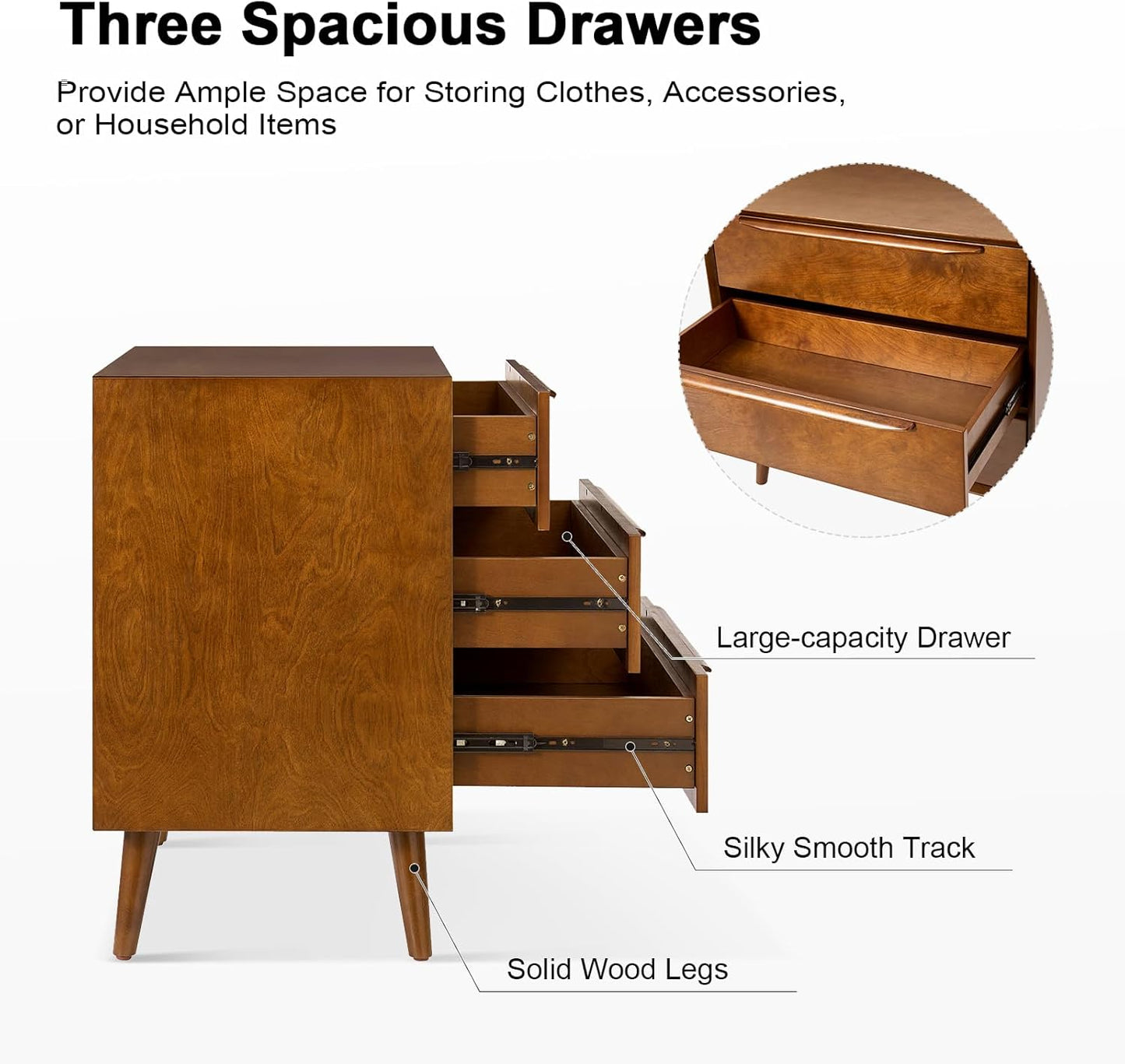 HULALA HOME Mid-Century Modern Nightstand Set of 2, 3-Drawers Nightstand with Charging Station(Acron)