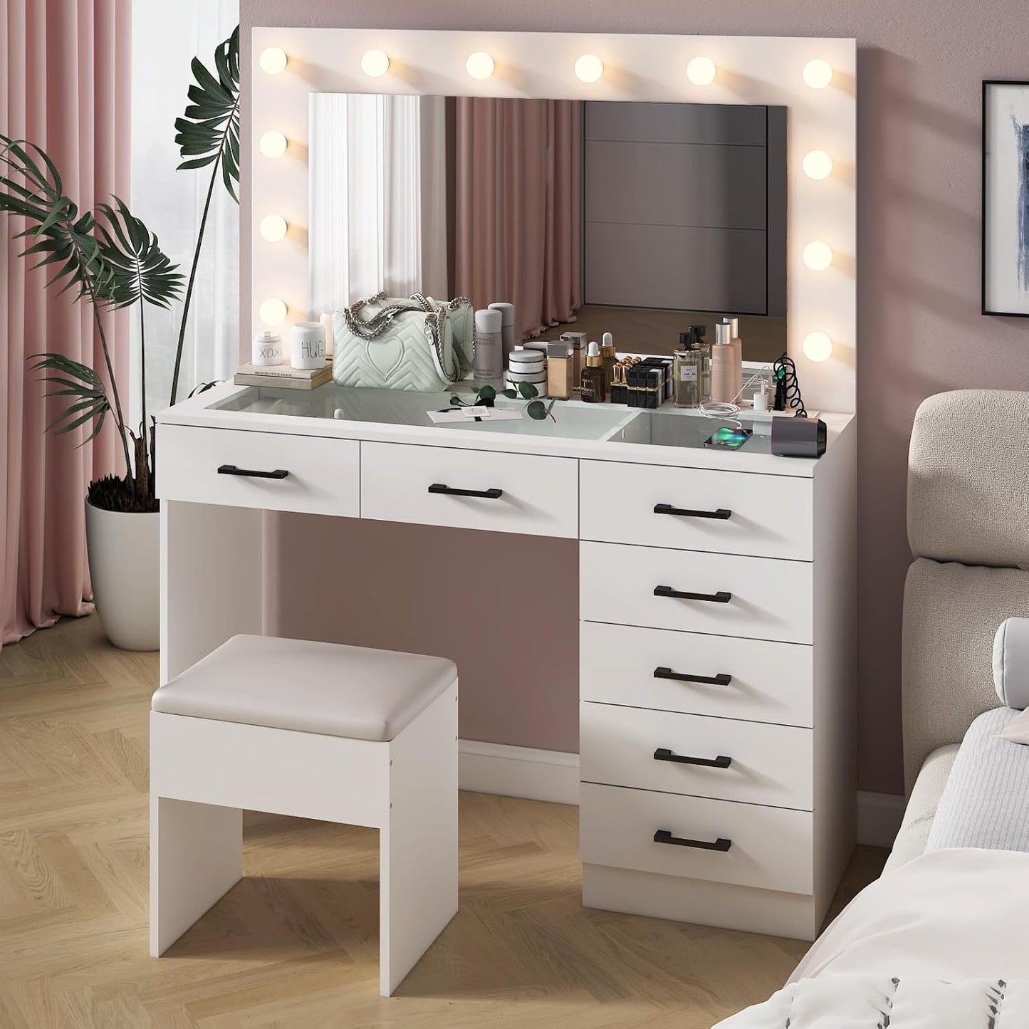 Karl home Vanity Desk with Large Lighted Mirror & Powre Outlet, Glass Tabletop Makeup Vanity Set with 7 Drawers, 45.3" Vanity Table with 3 Color Lighting Modes, Dressing Table for Women Girls, White
