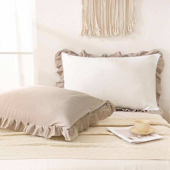 Merryword Taupe Pillow Shams White and Taupe Reversible Standard Pillowcases Cute Pillow Cover Set of 2 Soft Shabby Chic Ruffled Pillowcases 2 Pack (Queen (20''x30''), White Taupe)
