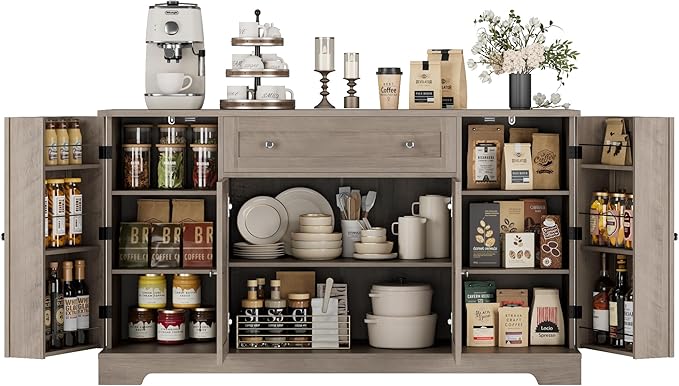 HITHOS 54" Buffet Cabinet with Storage, Modern Kitchen Buffet Sideboard with Drawer, Wood Coffee Bar Station with Adjustable Shelves, Kitchen Storage Cabinet for Living Room, Ash Grey