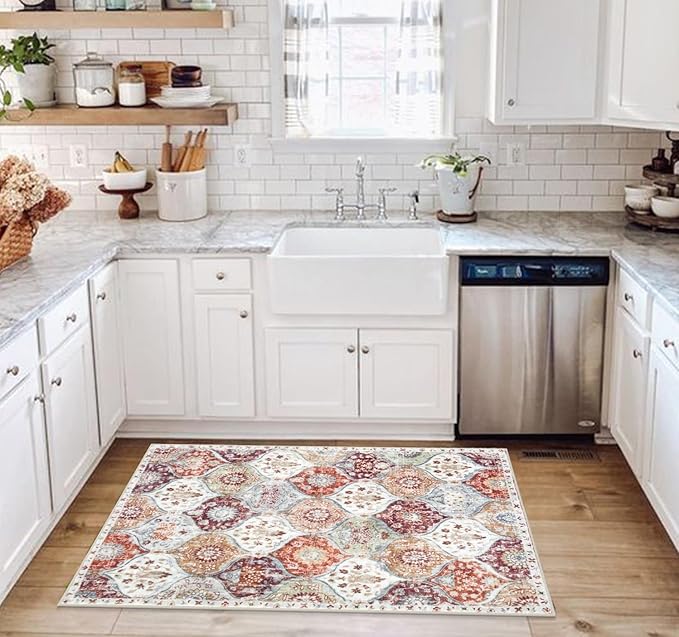 Lahome Washable Entryway Rug, 2x4 Kitchen Rugs for Entryway Bathroom, Non-Slip Indoor Door Mat Ultra-Thin, Small Oriental Throw Carpet for Bedroom Entry, Orange/Terracotta