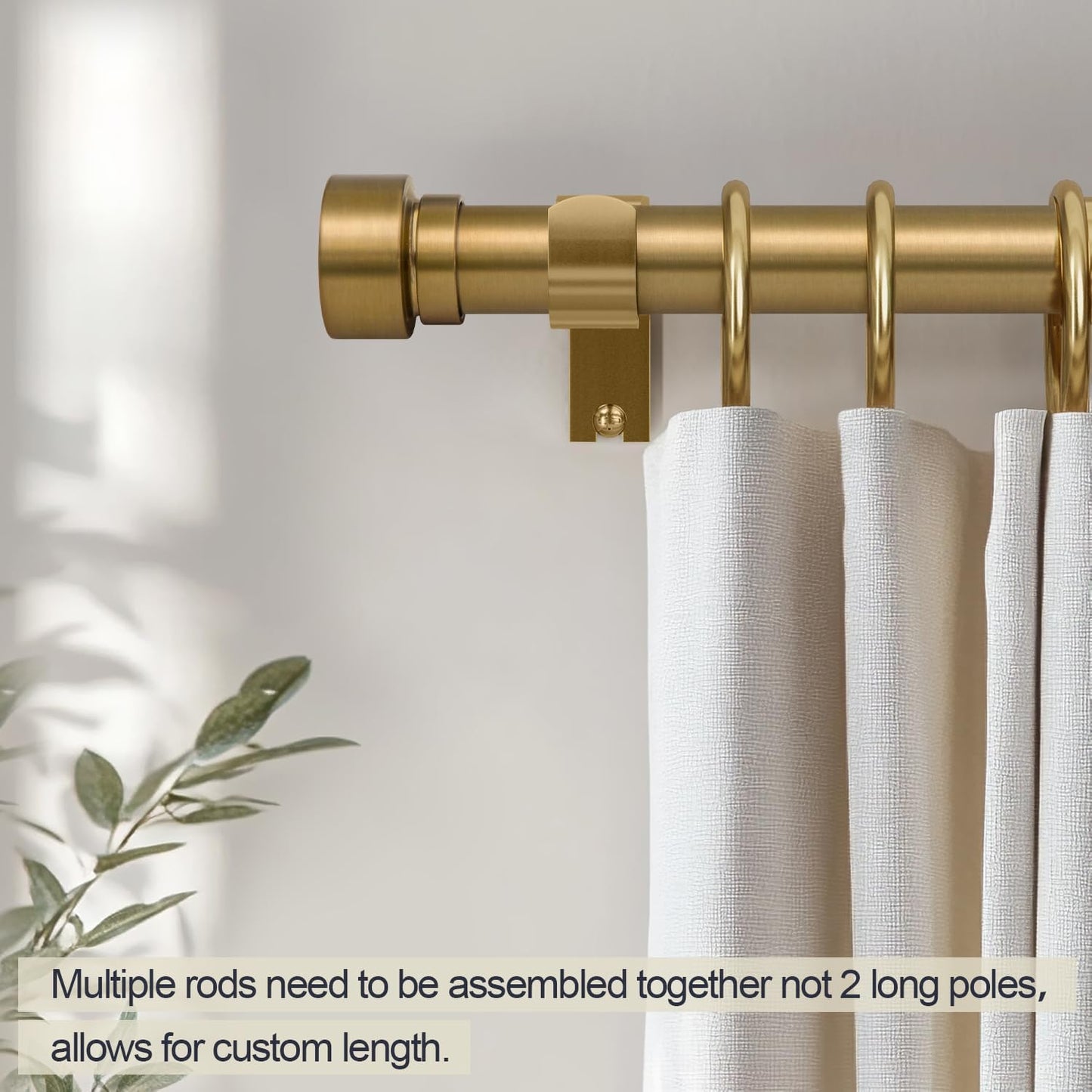Warm Gold Curtain Rods for Windows 48 to 84 Inches Adjustable Length Heavy Duty 1" Diameter Brass Window Curtain Rod with Solid Metal Finials for Outdoor Farmhouse Bedroom Kitchen Living Room