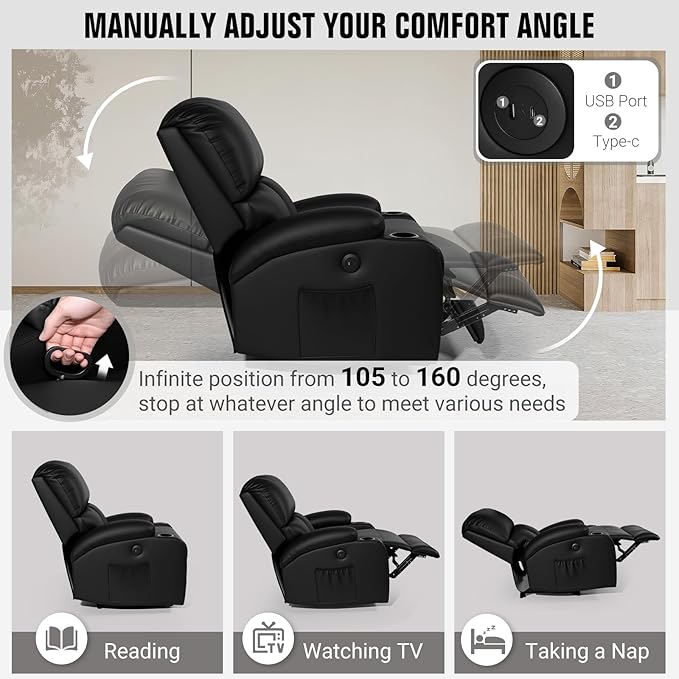 Home Theater Seating,RV Recliner Sofa with Massage and Heat,Manual RV Recliner Loveseat with USB/Cup Holders and Side Pocket for Living Room,Black