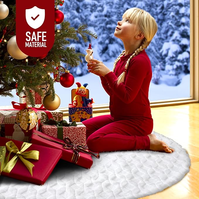 Christmas Tree Skirt 48 inches Faux Fur White Christmas Tree Skirt for Christmas Tree Decorations Winter Holiday Home Christmas Party Ornaments (White/Diamond)