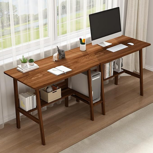 2-Person Writing Desk with Bookshelf - 79" Wooden Extra Long Home Office Work Table, Double Study Computer Workstation with Storage Shelves in Walnut, 79" W x 24" D