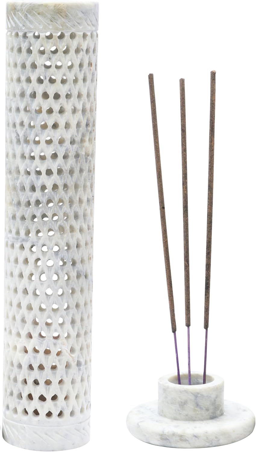 Crocon Handmade Incense Tower Candle Stick Holder Soapstone Tea Light Tower Burner | Candles Stand |Office Decor Room Fragrance Decorative Kitchen Home Spa Great Gift Set - 11X3X3 Inch