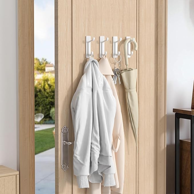 Self Adhesive Wall Hooks for Hanging: Extra Strong 13 LB, Hook for Coat, Towel in Bathrooms, Shower, Kitchen, Wall, Door Hook, White 6 Pack