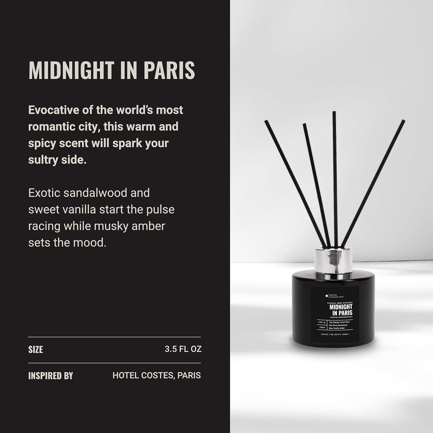 Hotel Collection | Midnight in Paris Reed Diffuser Oil Blend | Luxury Essential Aromatherapy Reed Diffuser | 4 Months Longevity | Sandalwood, Vanilla and Amber | 100mL