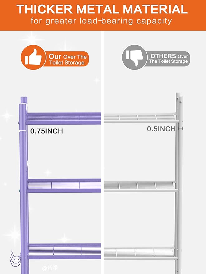 3-Tier Over The Toilet Storage, Space Saver Metal Bathroom Shelves, Freestanding Above Over Toilet Storage Shelf with 4 Hooks for Bathroom, Purple