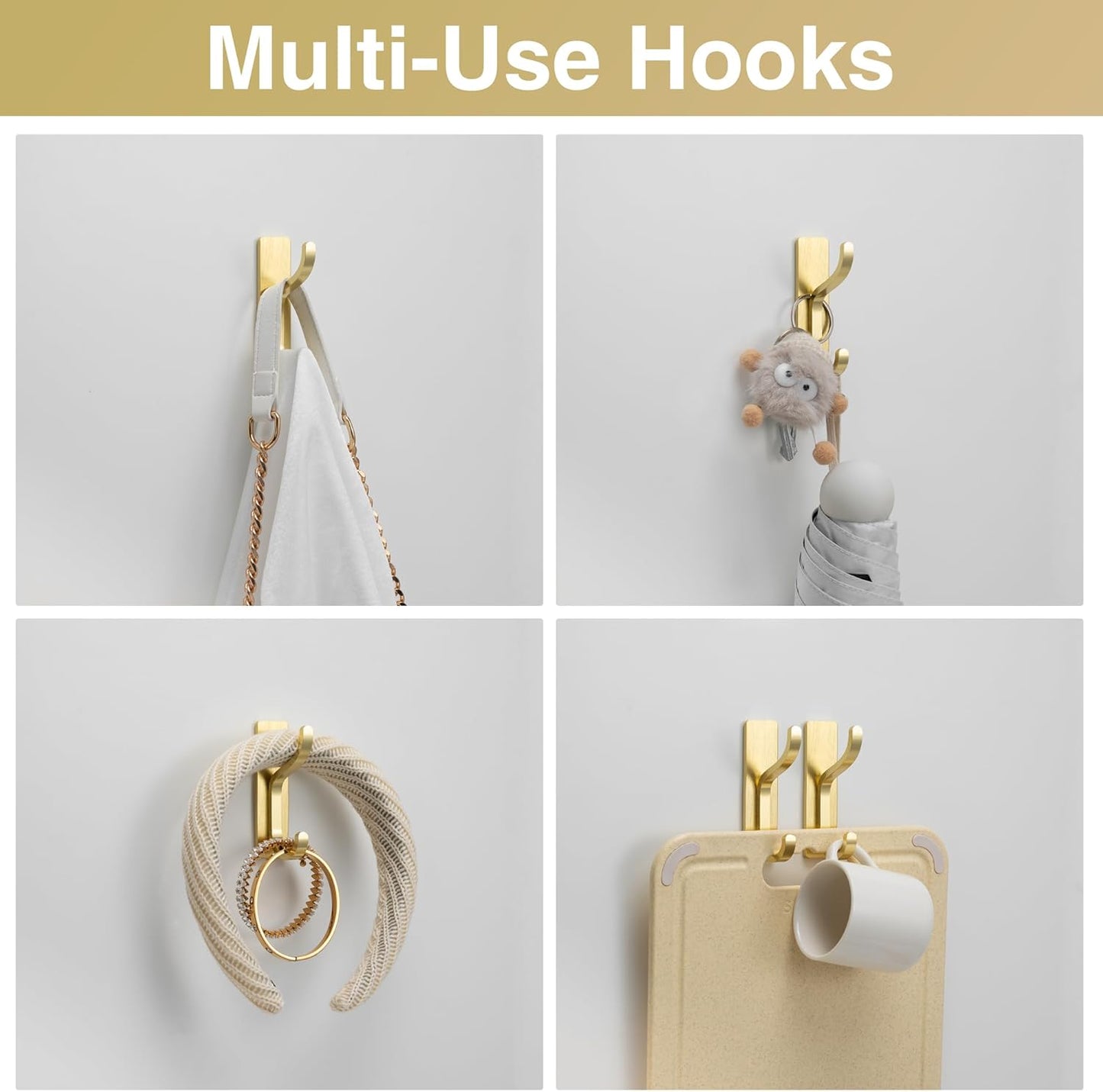 10-Pack Self Adhesive Wall Hooks for Hanging - 13 LB Strong Hold, Sticky Hangers for Coat, Towel, Purse, Keys, Bag - for Wall, Door, Bathroom, Shower, Dorm, Kitchen - Stainless Metal, Gold