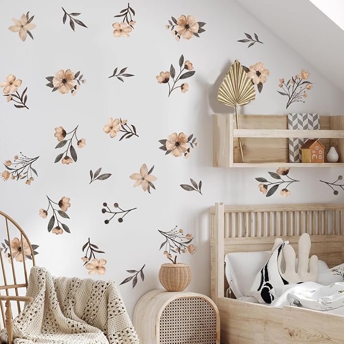 Boho Flower Wall Decals - Watercolor Wildflower Wall Art, Girls & Kids Room Decor