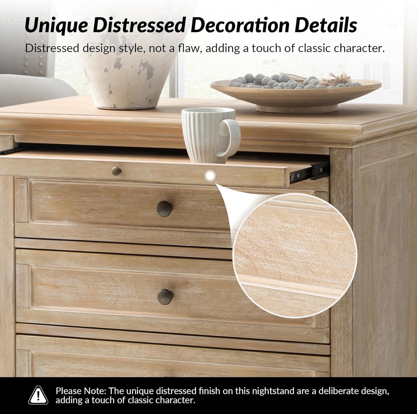 HULALA HOME Farmhouse 3 Drawer Nightstand with Tray, Drawer Organizer with Solid Wood Legs, Nightstand with Charging Station(Set of 2, Natural)