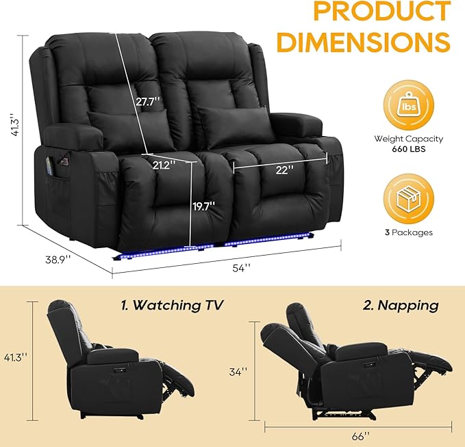 IPKIG 54" Power Loveseat Recliner Sofa, Electric Home Theater Seating with Massage Heat/4 Colors Ambient Lights/USB Port/Side Pocket/Cup Holder for Living Room, Bedroom, Home (Black, 2 Seater)