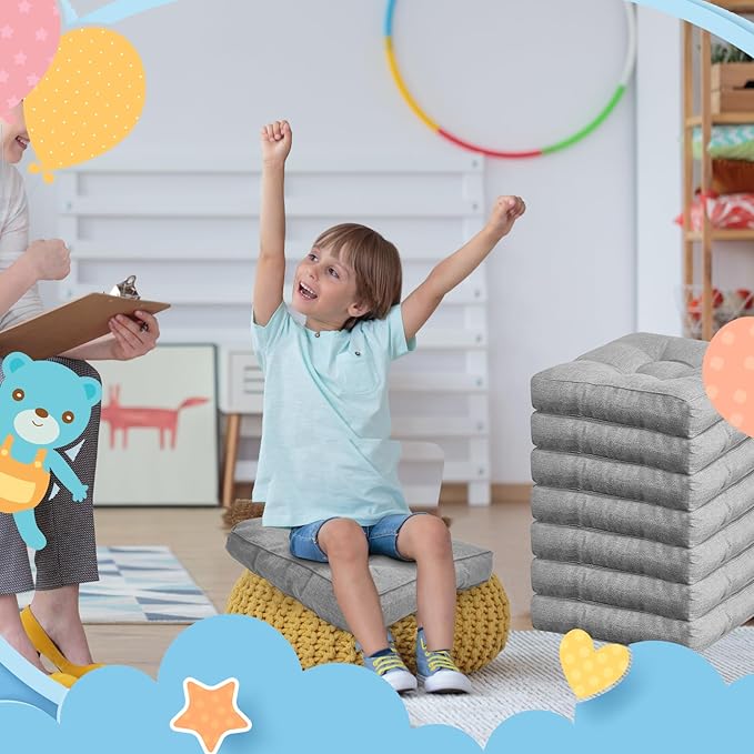 Juexica 8 Pcs Floor Cushions for Kids Floor Pillows Flexible Seating Cushions 3.5'' Thick Flexible Seating Classroom Furniture Meditation Seat Pillows for Home Nursery Yoga Decor(Grey,Square)