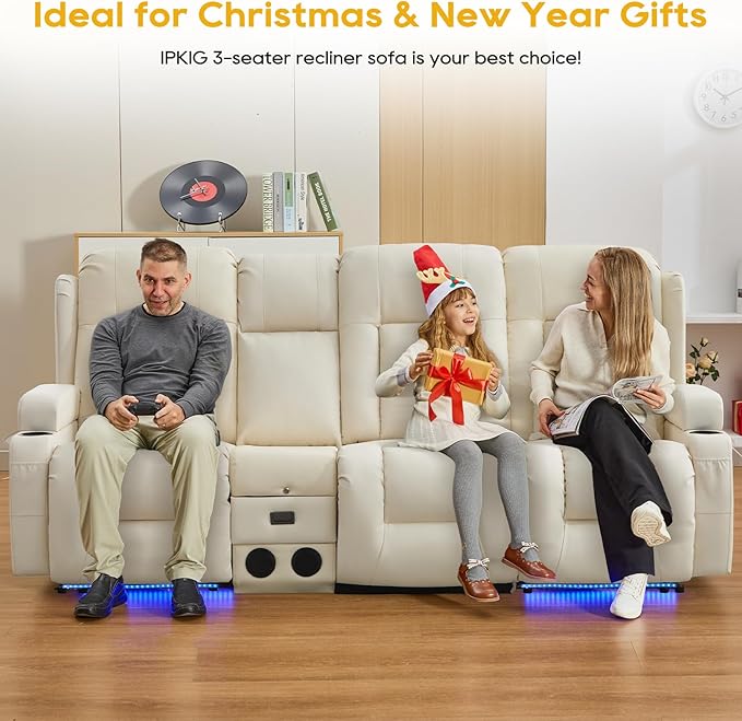 IPKIG 89" Power Reclining Loveseat Sofa, Electric Home Theater Seating with Console/4 Colors Ambient Lighting/Bluetooth Speakers/USB Ports/Built-in Outlets (Off-White, 3-Seater with Console)