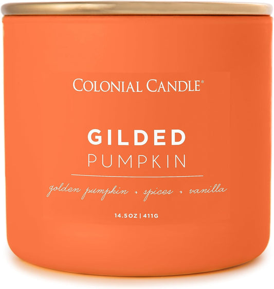 Colonial Candle Gilded Pumpkin Scented Jar Candle, Pop of Color Collection, 3 Wick, Orange, 14.5 oz - Up to 60 Hours Burn
