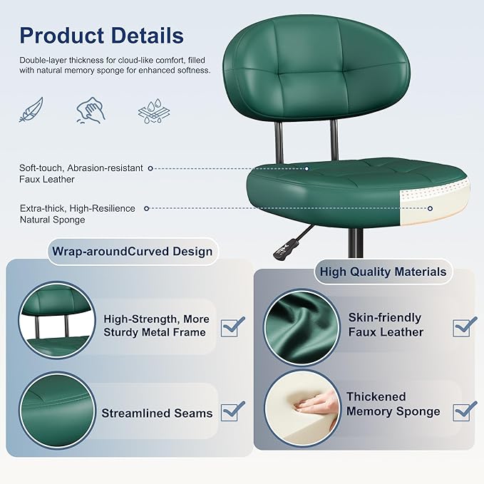 Misolant Vanity Chair with back, Small Armless Cute office Chair with wheels and Lumbar support, Comfy PU Leather Desk Computer Chairs with Adjustable Height, 360°Swivel for Home Bedroom Office, Green
