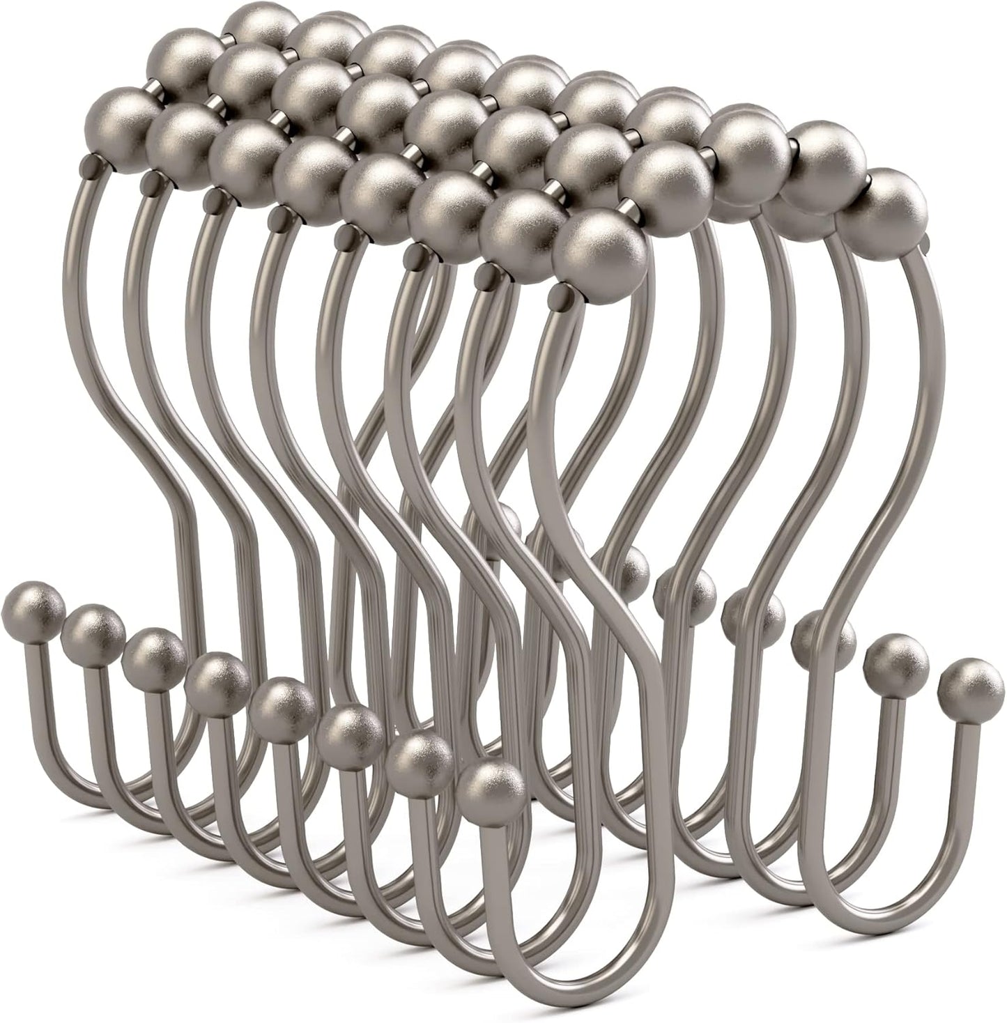 Shower Curtain Hooks Rust Proof Shower Curtain Rings, Smooth Glide Double Hook Shower Curtain Hooks,Shower Hooks for Shower Curtain Matte Nickel Shower Rod Hooks Shower Curtain Hangers 12Pcs