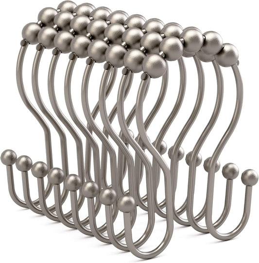 Shower Curtain Hooks Rust Proof Shower Curtain Rings, Smooth Glide Double Hook Shower Curtain Hooks,Shower Hooks for Shower Curtain Matte Nickel Shower Rod Hooks Shower Curtain Hangers 12Pcs