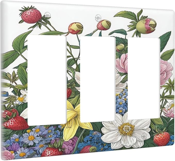 Spring Watercolor Flower Plant Strawberry Peony Floral Light Switch Covers 3 Gang Rocker Decorative Triple Outlet Wall Plate Cover Switchplate Electrical GFCI for Bedroom living Room Decor