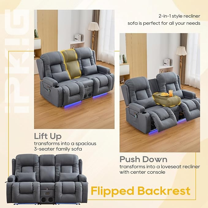 IPKIG 67" Power Reclining Loveseat Sofa, Electric Home Theater Seating with Console/4 Colors Ambient Lighting/Bluetooth Speakers/USB Ports/Built-in Outlets (Light Blue, Loveseat Recliner)