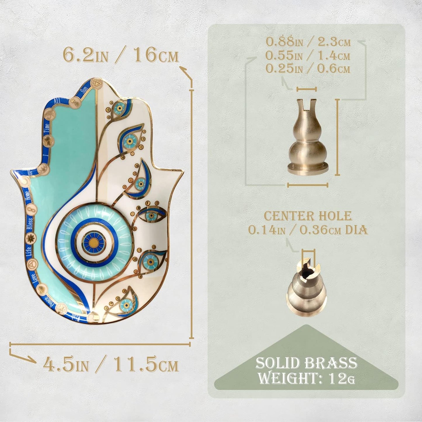 Ceramic Hamsa Hand Incense Holder - 2 in 1 Brass Incense Holder for Sticks and Coil Incense- Zen Decor with Hand of Fatima Design Protection from Evil - 6.2" L X 4.5" W (Blue)