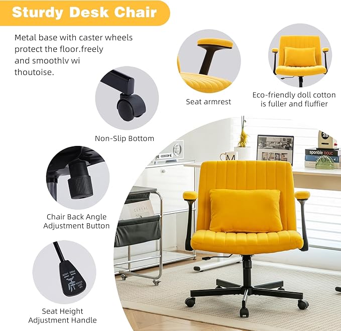 Furnimart Criss Cross Desk Char Wide Seat with Wheels and Arms, 360° Swivel Cross Legged Desk Chair Thick Cushion, Velvet Comfy Armless Home Office Chair for Bedroom, Vanity, Sturdy (Yellow)