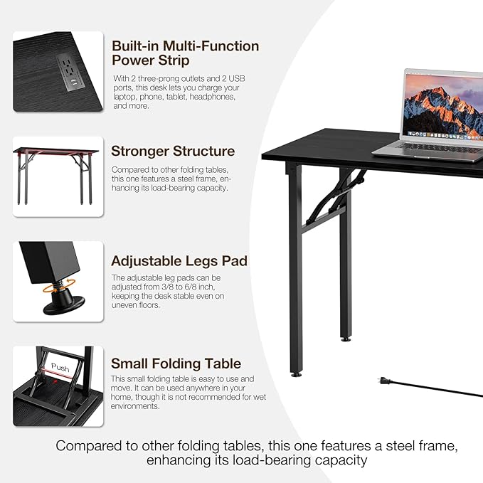 TEMI Small Computer Desk Folding Table - No Assembly, Compact 44.3" Foldable Desk with Power Outlets & USB Charging Port, Portable Small Office Desk, Ideal Mini Study Table, Dark Oak