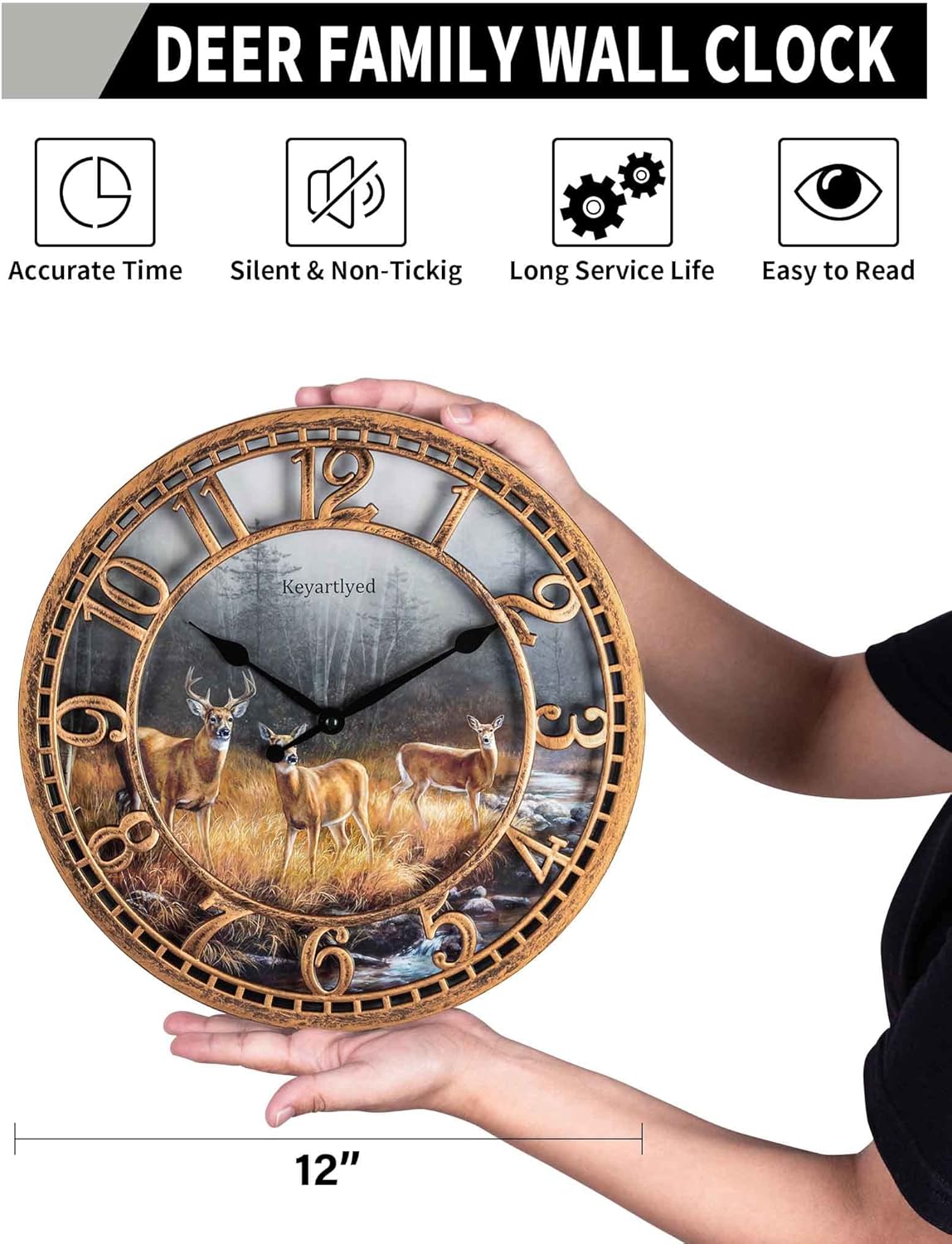 Round Wall Clock Farmhouse Plastic Deer Clock Battery Operated Silent Non-Ticking Rustic Clock 12 Inch for Home Kitchen Living Room Bedroom Office Decor (Antique Copper)