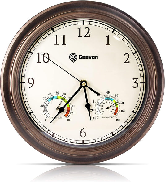 Geevon 14 Inch Retro Wall Clocks Battery Operated with Hygrometer and Thermometer Combo, Silent Wall Clock Non-Ticking Quartz Decorative for Kitchen Living Room School Bedroom
