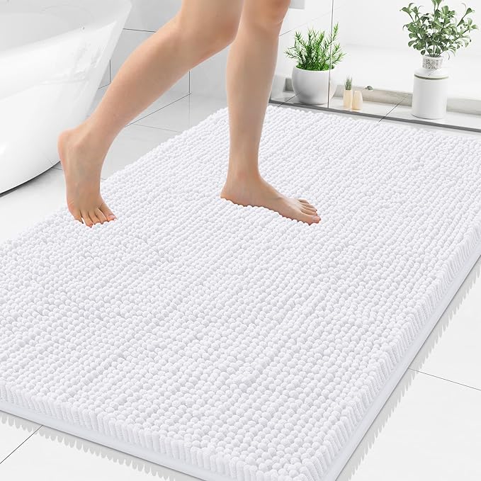 Smiry Luxury Chenille Bathroom Rugs 40x32, Extra Soft and Absorbent Shaggy Bath Mat, Machine Washable, Non-Slip Plush Carpet Runner for Tub, Shower, and Floor, Home Decor Accessories, White