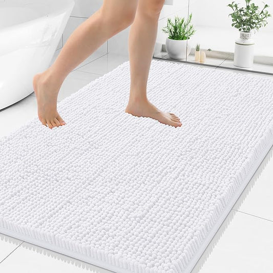 Smiry Luxury Chenille Bathroom Rugs 40x32, Extra Soft and Absorbent Shaggy Bath Mat, Machine Washable, Non-Slip Plush Carpet Runner for Tub, Shower, and Floor, Home Decor Accessories, White