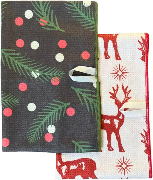 2 Pack || Not Your Ordinary Kitchen Towels || Dish Towels ||Quick Dry || Waffle Weave Microfiber || Designer Prints || Highly Absorbent || Hanging Hook (Charcoal Christmas)
