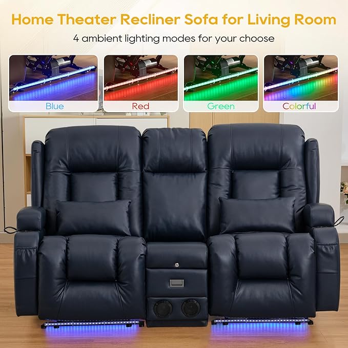 IPKIG 67" Power Reclining Loveseat Sofa, Electric Home Theater Seating with Console/4 Colors Ambient Lighting/Bluetooth Speakers/USB Ports/Built-in Outlets (Blue, Loveseat Recliner)