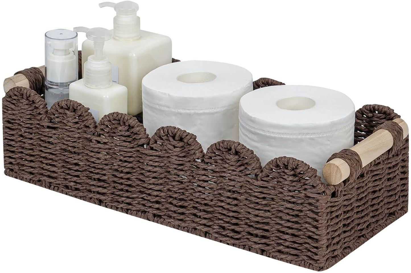 CubesLand Paper Rope Scalloped Edge Shelves Storage Basket, Woven Toilet Paper Baskets for Over Toilet Storage Shelf, Ending Table, Floating Shelves Organizing or Home Décor, with Wood Handle, Brown