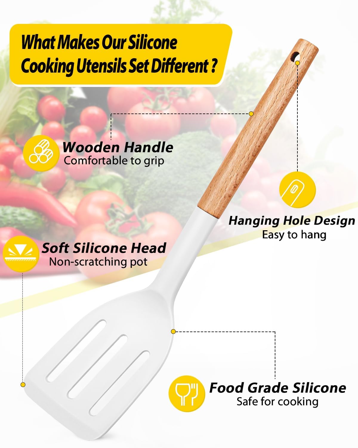 Pack of 4 Silicone Cooking Utensils Set, Non Stick Solid Spatulas and Heat Resistant Slotted Spoons with Wooden Handle, Ideal Wood Kitchen Utensils Set for Frying,Serving,Turning,Stirring (WHITE)