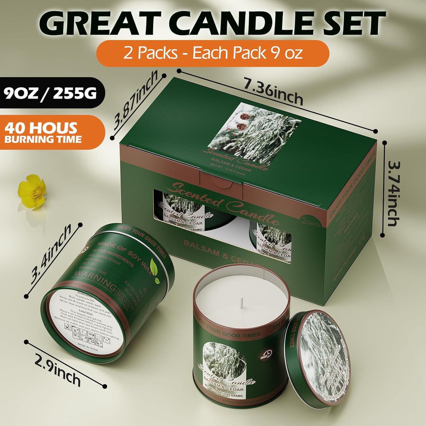 Balsam & Cedar Scented Candle Set | 2 Pack 510g 8% Essential Oils Long-Lasting 60H Burn | Pure Soy Wax Clean-Burning Smoke-Free | Aromatherapy Tin Jar Candles | Colorful Packaging Gift for Men&Women