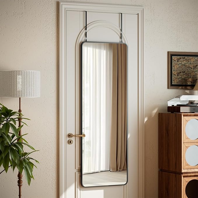 14"x48" Full Length Over The Door Mirror - Aluminum Alloy Frame Full Body Mirror with Height-Adjustable Hangers, Hanging Leaning Against Wall for Dorm, Black