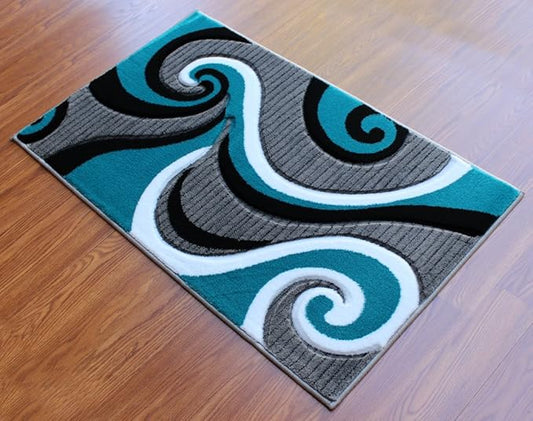 Masada Sophia Collection Hand Carved Modern Contemporary Turquoise White Grey Black Welcome Mat, Doormat, Bathroom Rug, Kitchen Mat, Small Space Rug (2 Feet X 3 Feet 4 Inch)