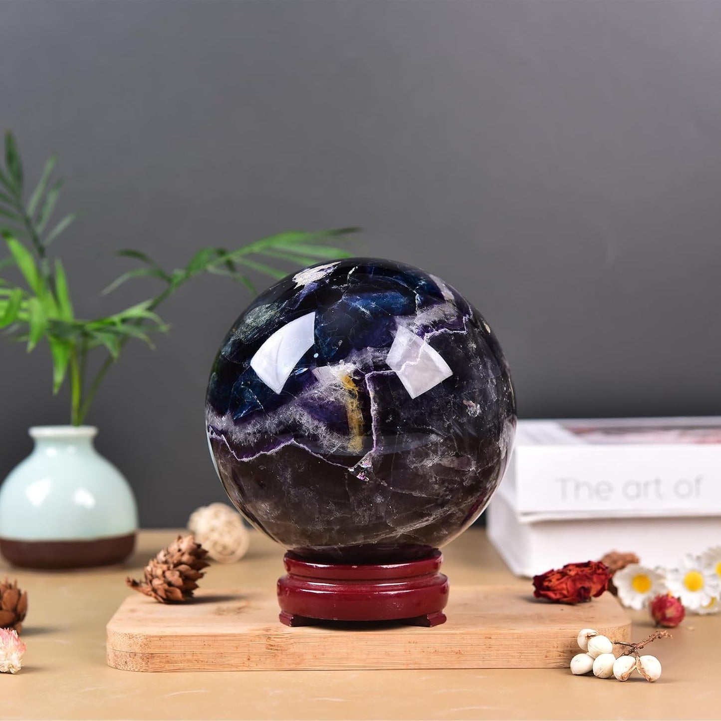 JIC Gem Extra Large Colorful Fluorite Crystal Sphere,Decorative Crystal Ball Fluorite Gemstone Sphere for Meditation,Office Table Decorations 110-120mm