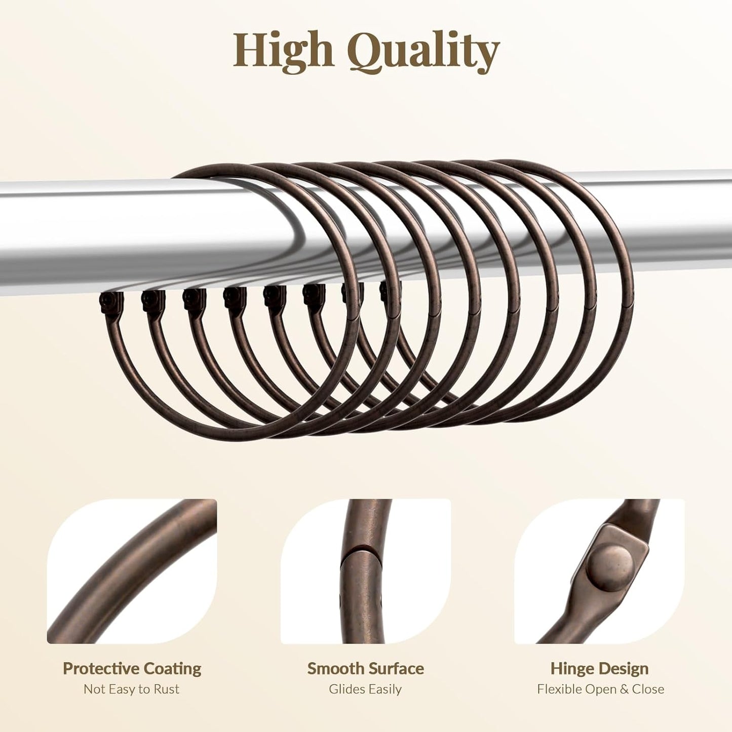 Shower Curtain Rings, Bronze Shower Curtain Hooks 12 Pcs Anti-Drop Shower Rings for Curtain, Shower Curtain Hooks Rust Proof, Shower Hooks for Shower Curtain Rod, Bronze Curtain Rings